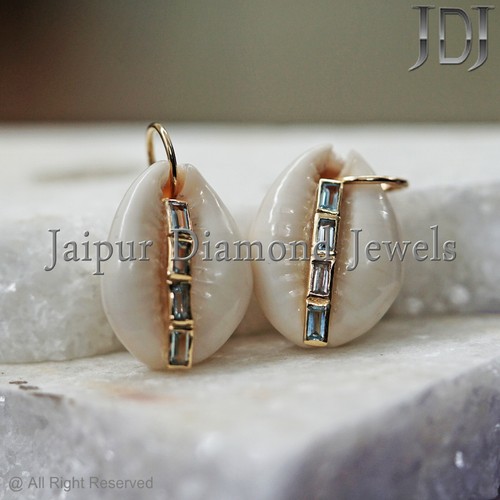 Baguette Corte Topacio Azul Cauri Colgante Charm Fino 14k Oro Amarillo Concha - Imagen 2 de 5