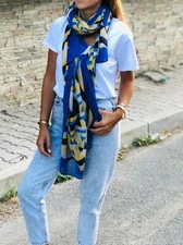 Cotton Rectangle Scarf - Hand Designed in Blue and Yellow Pattern