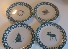 4 TIENSHAN FOLK CRAFT HOLIDAY PINES CHRISTMAS SALAD  PLATES GREEN SPONGE EXC NR