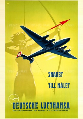 Travel Poster Deutsche Lufthansa Pin Up Art Deco Advertising German Flying Plane