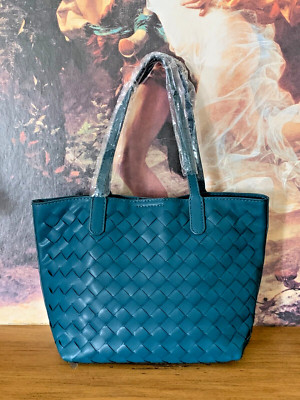 Designer s inspired intrecciato Teal Blue Vegan Leather Tote Bag - CLEARANCE