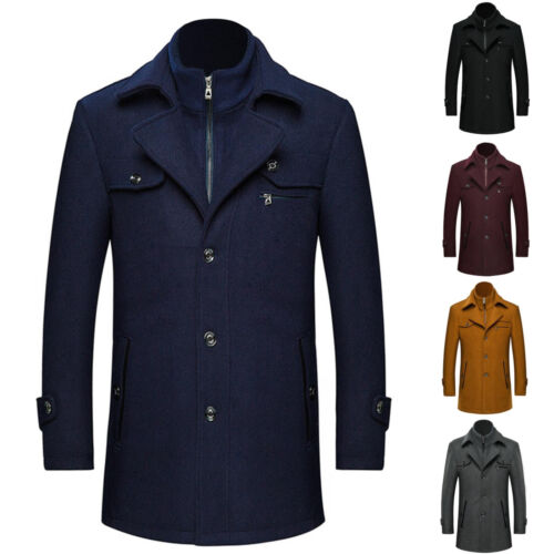 Men's Gentle Layered Collar Single Breasted Quilted Lined Wool Blend Pea Coats