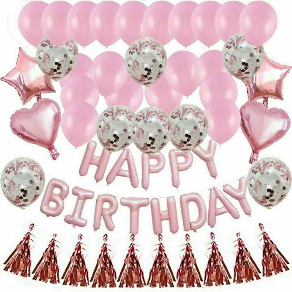 48 Pcs Happy Birthday Balloons Banner Pink Foil Decorations Party Supplies - Image 3 of 4