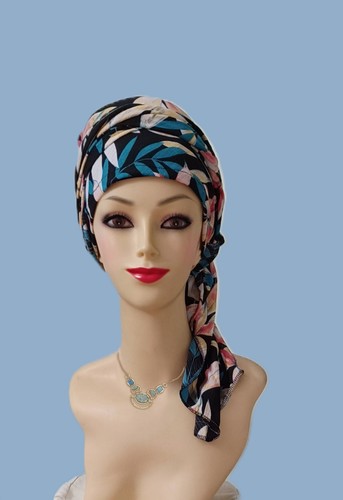 PRE-TIED SCARFS LONG TAIL Head Covereing.Tichel 35X 58X35 / Floral Multicolor - Picture 6 of 8