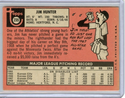 1969 Topps Jim Catfish Hunter Oakland Athletics #235 ⭐️💥🎯 EX - Picture 2 of 2