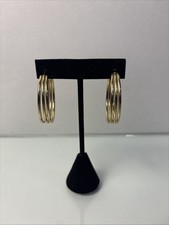 Vintage Gold Tone Triple Hoop Earrings Round Textured Layered Design 1.25"