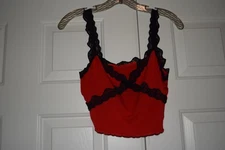 Women's Size S Shein Red with Black Lace Straps & Trim Cropped Tank Top Shirt