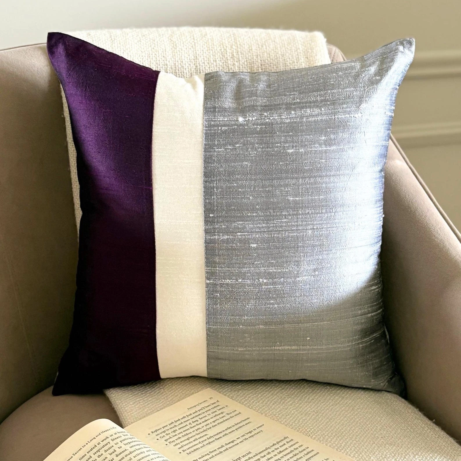 Pillow Cover Purple 16"x16", Couch Decor Silk Patchwork - Splendour Purple