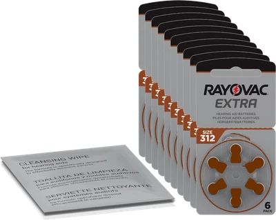 60 piles auditives Rayovac Extra Advanced marron 312 (10 x 6) + chiffon de ne... - Photo 1/4