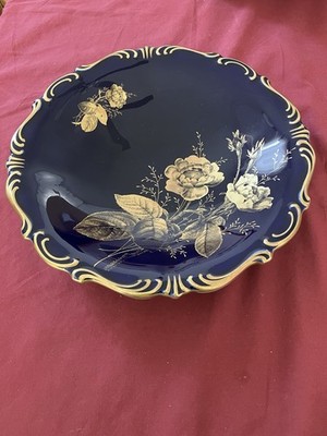 Vintage Lindner West Germany Cobalt Blue & Gold Floral Bowl 11 