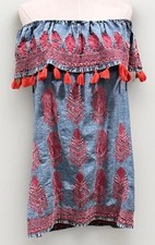 Women’s Tolani Chambray Embroidered Off-Shoulder Bohemian Tassel Shift Dress Med