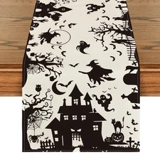 Artoid Mode Black White Spooky Haunted House Tree Ghost Witch Halloween Table Ru
