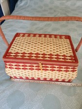 Vintage Retro 50s 60s Red And Cream Sewing Basket With Carry Handle Storage Box