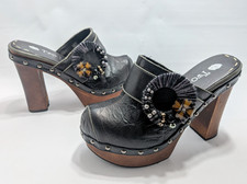 Vtg Two Lips Remix Black Leather Platform Wedge Clogs Shoes Sz 7 Sandals Wooden