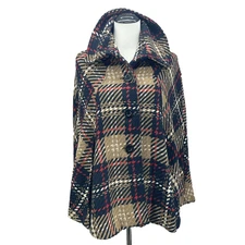 Cejon Poncho Womens S/M Wool Blend Tweed Tartan Plaid High Collar Tan Navy Red
