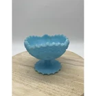 Vintage Fenton Blue Milk Glass Pedestal Bowl 6.5" Ruffled Daisy Button Pattern