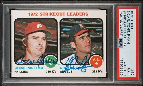 1973 Topps 67 Strikeout Leaders Nolan Ryan Steve Carlton Dual Auto PSA 5 Auto 10