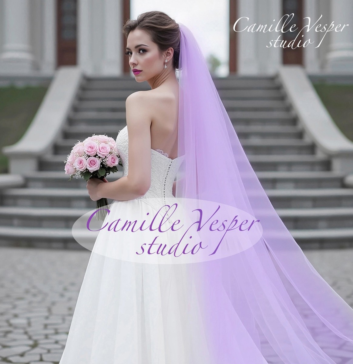 Elegant lavender purple tulle wedding veil. Lilac purple 