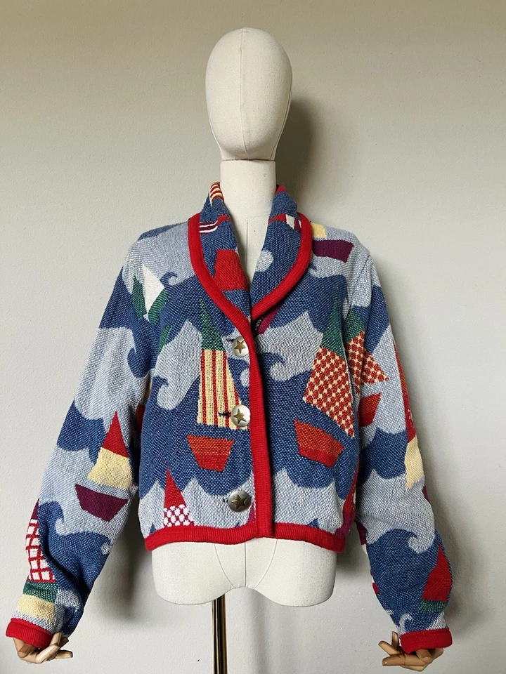 Винтажный окрашенный пони женщин гобелен куртка геометрический абстрактный паруса лодки океана OS - Изображение 2 из 4