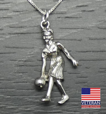 Vintage Sterling Silver Larger Bowling Female 3D Pendant Box Necklace 20 inches