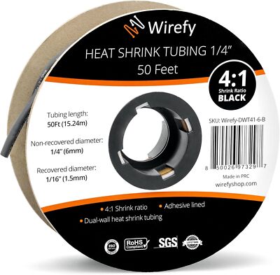 Wirefy 1/4'' Marine Heat Black 4:1 Ratio Adhesive 50 Ft Roll Lined Shrink Tubing