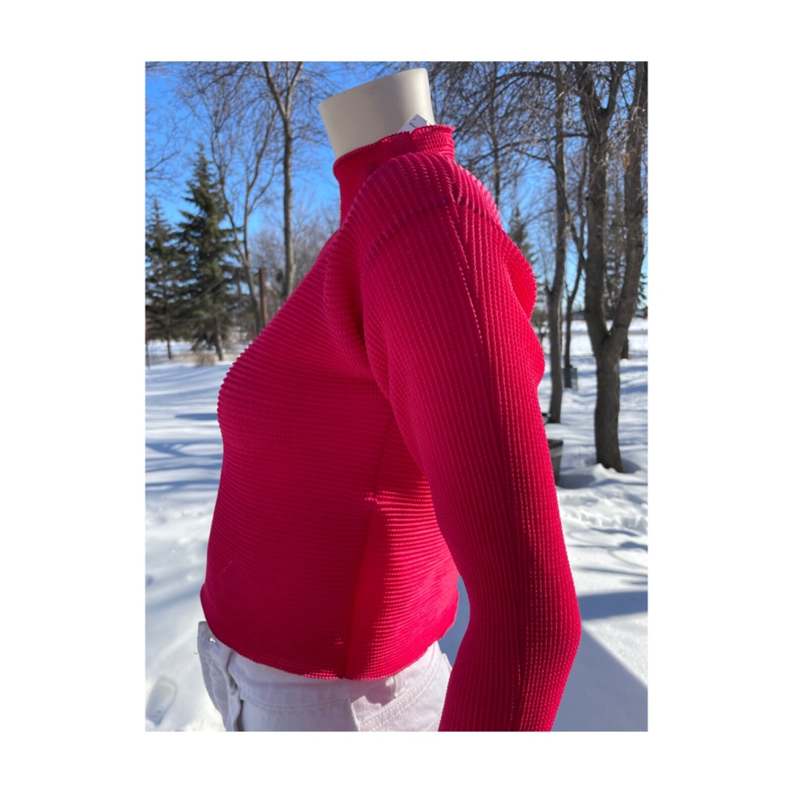 90s Holt Renfrew Crop Top Waffle Knit Red Pink Mock Neck Long Sleeve Sz L