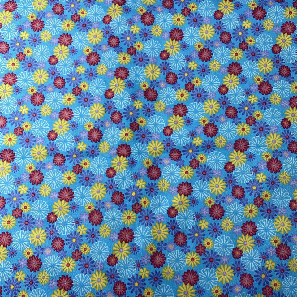 Moda Fabrics Cosmic Cats Floral Blue Cotton Flower Power Quilting 70s Starburst - Image 2 of 4