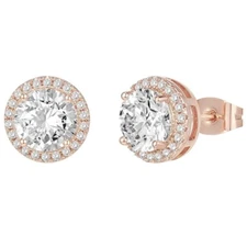 Natural White Topaz Halo Stud Earrings Rose Gold Plated 925  Sterling Silver 