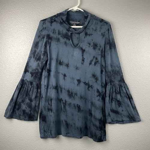 Soft Surroundings Tie Dye Top Blue Black Key Hole Front Twist Neck Bell Sleeve S - Picture 2 of 9