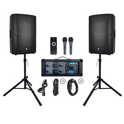 PRORECK 2000W 15'' PA Speaker System with 6 Channel Powered Mixer Mic Stand Kit
