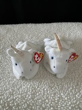 2 Ty Beanie Babies 1993 Mystic Unicorns White & Rainbow Hair W/ Tags & Case