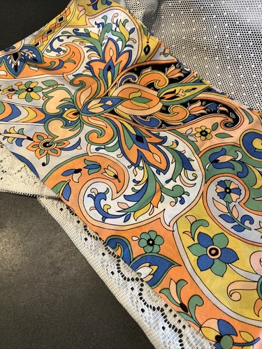 Vtg 60s Head Scarf Wrap Hair Art flower Power Eames Mod Go Go Hippy Groovy 8x42 - Picture 14 of 15