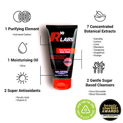 Charcoal Body Wash R10 Labs 100% Natural Mens Activated Carbon Citrus Shower Gel