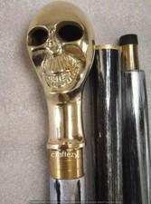 Gothic Brass Skull Head Handle Wooden Walking Stick - Unique Handcrafted Cane