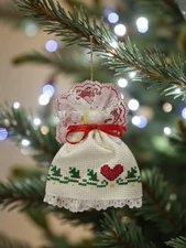 Vintage Handmade Cross Stitch Christmas Angel with Heart and Garland Ornament