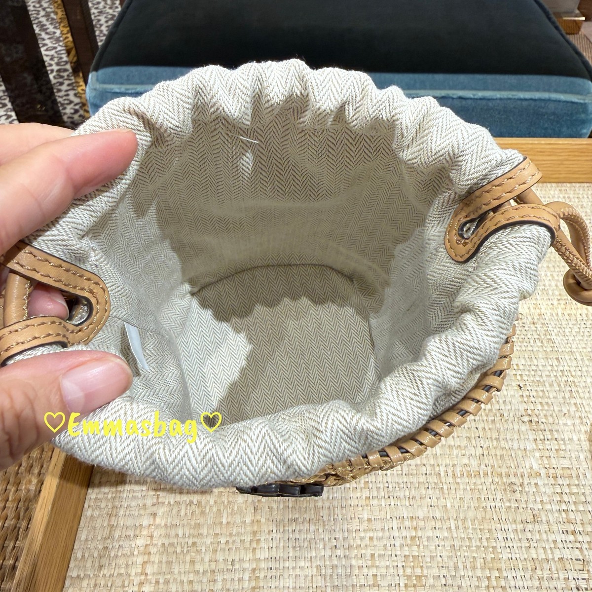 Tory Burch Woven Bucket Bag 176058 Honeycomb Tan $450 Woven