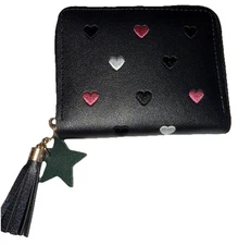 NWT Ladies Black Faux Leather Zip Around Card Wallet With Tassel And Embroidery