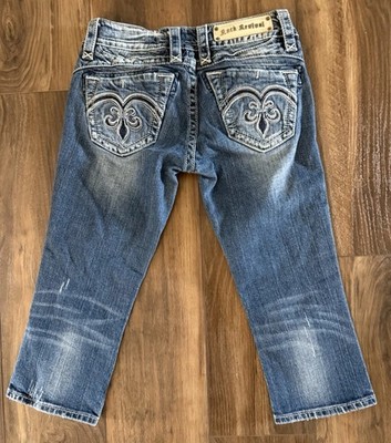 ROCK REVIVAL ADELE CAPRI Medium Wash Cropped Jeans Distressed Sz 26 Excellent
