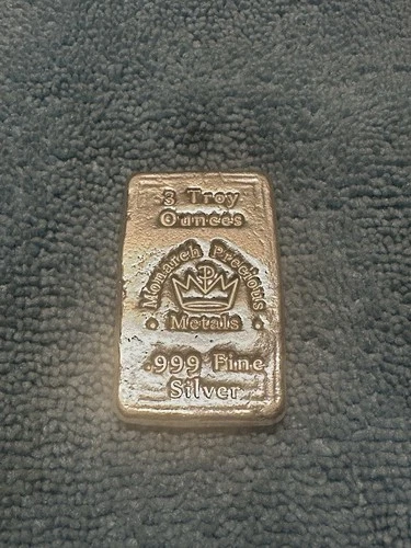 3 oz .999 Silver Bullion Bar Rare Hand Poured Monarch Precious Metals 3 Troy Oz
