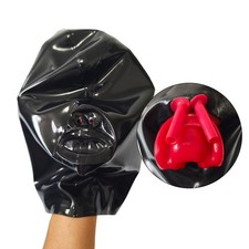 Latex Hood with Red Teeth Gag Nasal Tubes Back Zipper Rubber Mask Fetish BDSM