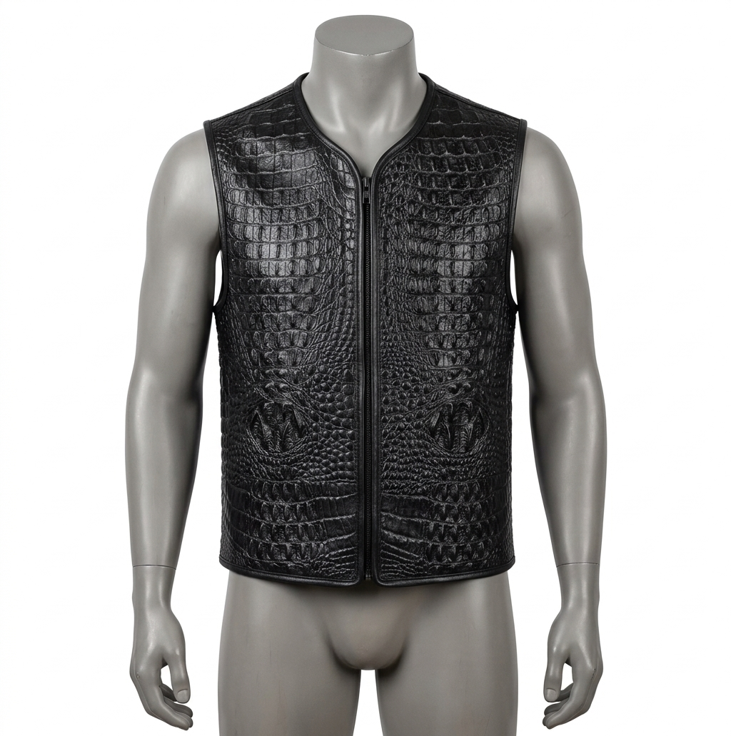 Men Crocodile Embossed Leather Vest Biker Zip Waistcoat Black