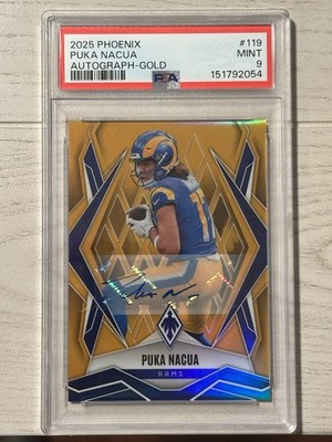 2025 Panini Phoenix - Puka Nacua #119 Gold 1/10 Auto PSA 9 Rams Pop 1 FOP