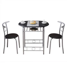 Kitchen Dining Table Set 2 Chair Black PVC Top Metal Frame Space Saving Furnitur