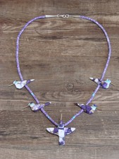 Hand Carved Bronze Purple Turquoise Aggregate Hummingbird Fetish Necklace - Mitc