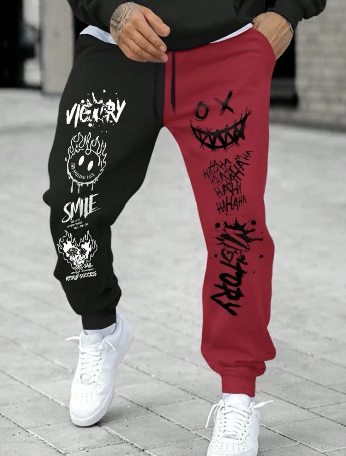 Graphic Two Tone Jogger Pants Drawstring Casual Sweatpants Streetwear Trousers