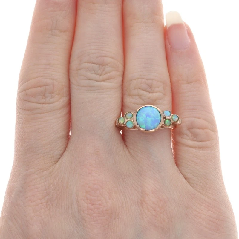Rose Gold Lab-Created Opal Ring - 14k Round Cabochon 1.11ctw Bezel Set - Image 2 of 4