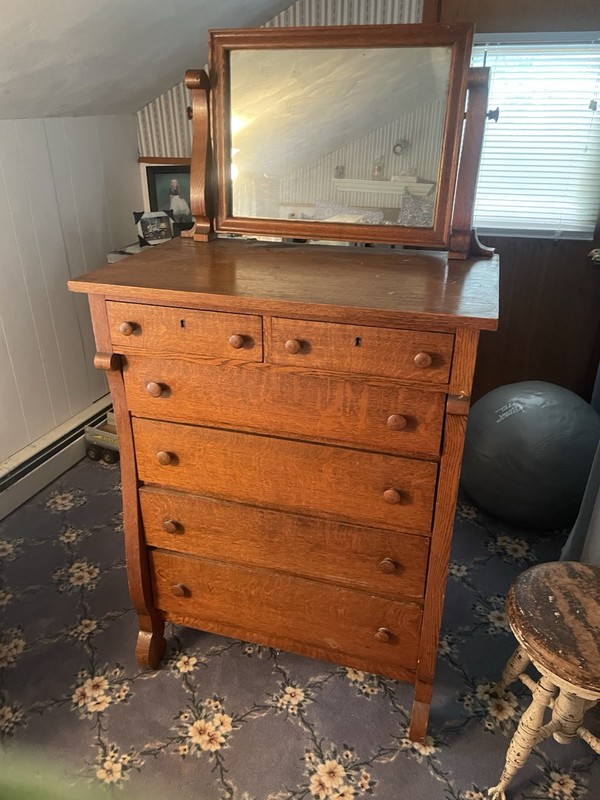 Antique Oak Mirrored Wood Dresser with Six Drawers for Bedroom