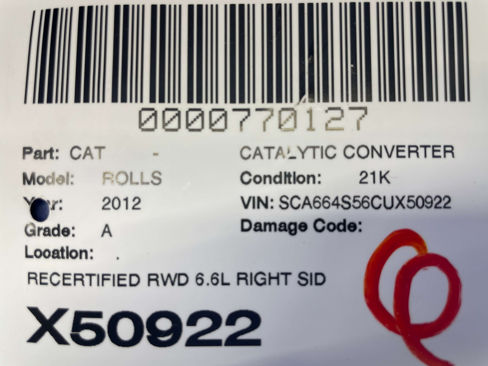 Rolls-Royce Ghost 2009-2014 Right Catalytic converter