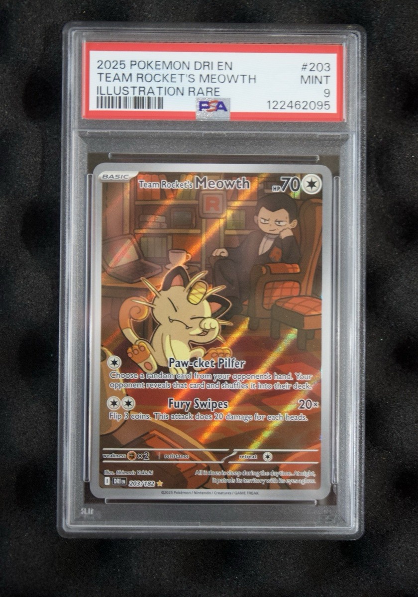 Pokémon TCG Destined Rivals Team Rockets Meowth Card 203/182 PSA 9