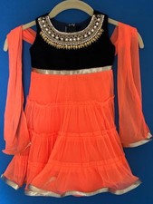 Indian Pakistani Kids Girls 2 pcs EID Party Dress Orange Navy Rhinestones Sz 20